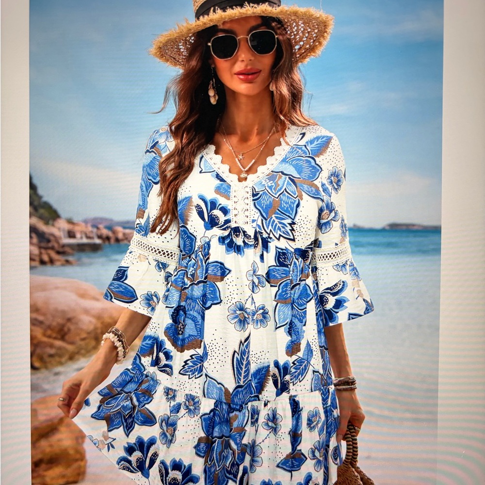 NEW ! Cupshe Blue and White Floral Midi Dress - Picture 14 of 15